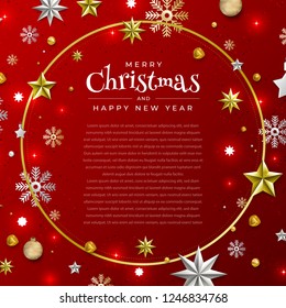 Christmas Background with Border made of Cutout Gold Foil Stars and Silver Snowflakes. Chic Xmas Greeting Card and Happy New Year design. Vector illustrate.
