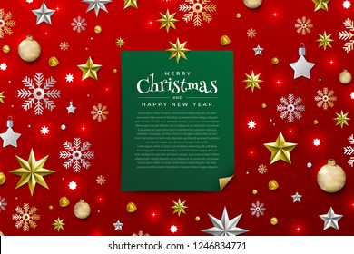 Christmas Background with Border made of Cutout Gold Foil Stars and Silver Snowflakes. Chic Xmas Greeting Card and Happy New Year design. Vector illustrate.