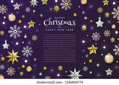 Christmas Background with Border made of Cutout Gold Foil Stars and Silver Snowflakes. Chic Xmas Greeting Card and Happy New Year design. Vector illustrate.