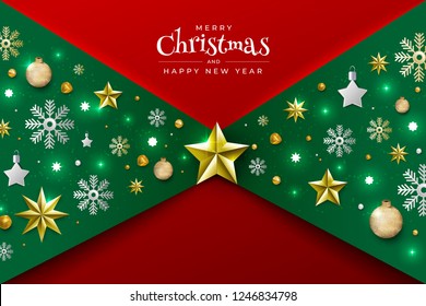 Christmas Background with Border made of Cutout Gold Foil Stars and Silver Snowflakes. Chic Xmas Greeting Card and Happy New Year design. Vector illustrate.