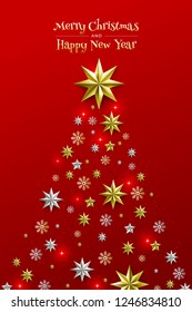 Christmas Background with Border made of Cutout Gold Foil Stars and Silver Snowflakes. Chic Xmas Greeting Card and Happy New Year design. Vector illustrate.