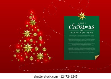 Christmas Background with Border made of Cutout Gold Foil Stars and Silver Snowflakes. Chic Xmas Greeting Card and Happy New Year design. Vector illustrate.