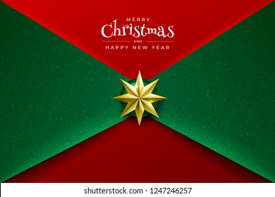 Christmas Background with Border made of Cutout Gold Foil Stars and Silver Snowflakes. Chic Xmas Greeting Card and Happy New Year design. Vector illustrate.