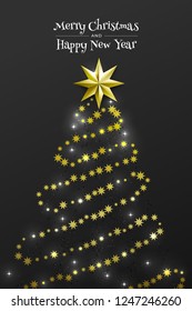 Christmas Background with Border made of Cutout Gold Foil Stars and Silver Snowflakes. Chic Xmas Greeting Card and Happy New Year design. Vector illustrate.