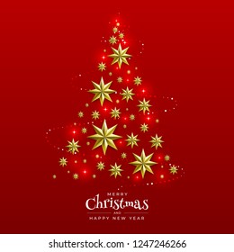 Christmas Background with Border made of Cutout Gold Foil Stars and Silver Snowflakes. Chic Xmas Greeting Card and Happy New Year design. Vector illustrate.