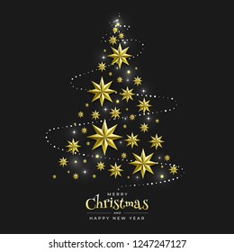 Christmas Background with Border made of Cutout Gold Foil Stars and Silver Snowflakes. Chic Xmas Greeting Card and Happy New Year design. Vector illustrate.