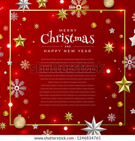 Christmas Background with Border made of Cutout Gold Foil Stars and Silver Snowflakes. Chic Xmas Greeting Card and Happy New Year design. Vector illustrate.