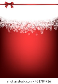 Christmas background. Border made of fluffy snowflakes on red background with space for text.