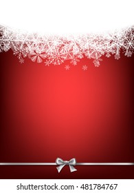 Christmas background. Border made of fluffy snowflakes on red background with space for text.