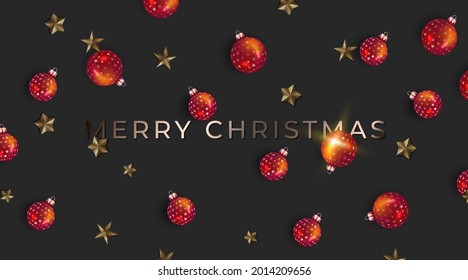 Christmas Background with Border made of  Gold metallic Stars, and Christmas balls. Chic Christmas Greeting Card. 