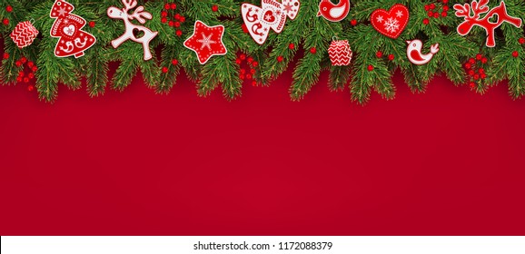 Christmas Background With Border Of Realistic Fir Branches Christmas Tree, Holly Berries, Red And White Toys In Scandinavian Style With Place For Text, Vector Illustration