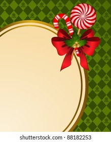 Christmas background with bow and candy. Vintage vector background