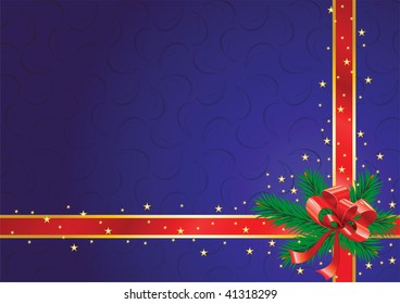 Christmas background with a bow, tapes and branches of fur-trees