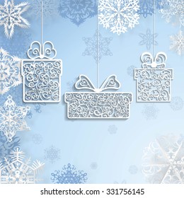 Christmas background with box and snowflakes on blue 