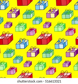 Christmas background. Boxes for gifts.  Illustration for a  wrapping paper,  wallpaper.  Elements for winter holiday card. Yellow  background.   Seamless vector pattern.