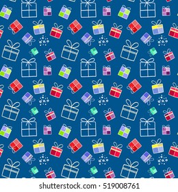 Christmas background. Boxes for gifts.  Illustration for a  wrapping paper,  wallpaper.  Elements for winter holiday card.Blue   background.   Seamless vector pattern.
