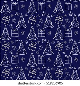 Christmas background. Boxes for gifts and Christmas tree.  Illustration for a  wrapping paper,  wallpaper.  Elements for winter holiday card.  Seamless vector pattern.