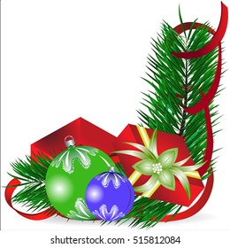Christmas background with a branch of pine, bright balloons and Christmas gifts, vector