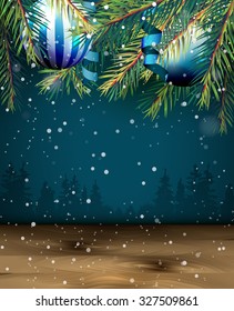 Christmas background with branches, baubles and empty space for your text, photo, etc.