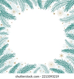 fondo navideño con borde de ramas, decoración de copos de nieve y espacio para copiar