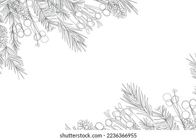 Christmas background with branches, cones and berries.
