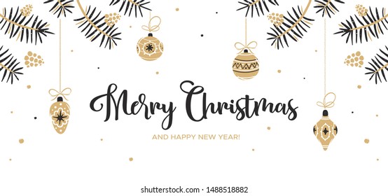Christmas background with branches and holiday balls