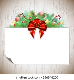 Christmas background with branches, ribbon and decorations, with wood texture, vector illustration, eps 10, with transparency