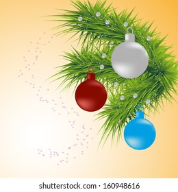 Christmas background with branches of spruce and festive balloons