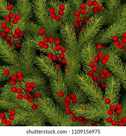 Christmas background with branches of Christmas tree and holly berries Realistic festive backdrop Vector illustration