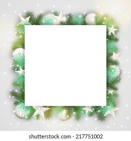 Fondo de Navidad con ramas y adornos blancos, ilustración vectorial, pasos 10, con transparencia y malla degradada