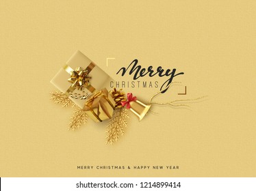 Christmas background. Bright golden decorations. Xmas greeting card. Happy New Year. Festive objects gold gifts, bauble balls.