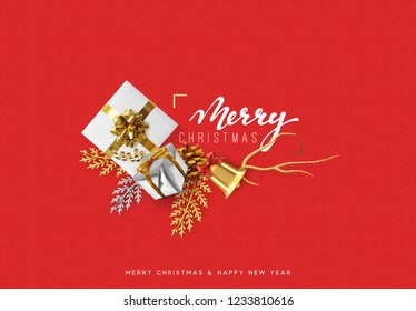 Christmas background. Bright golden decorations. Xmas greeting card. Happy New Year. Festive objects gold gifts, bauble balls.