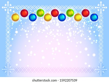 Christmas background - bright luminous garland, snow and glare on a blue background, winter mood