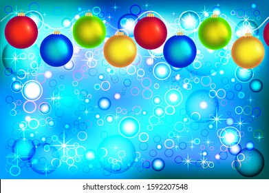 Christmas background - bright luminous garland, snow and glare on a blue background, winter mood, luminous figures