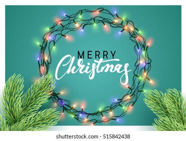 Christmas background with bright realistic garlands. Christmas glowing lights. Wreath for Xmas Holiday. Greeting cards design Merry Christmas lettering label