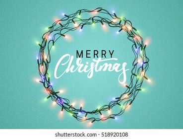 Christmas background with bright realistic garlands. Christmas glowing lights. Wreath for Xmas Holiday. Greeting cards design Merry Christmas lettering label.