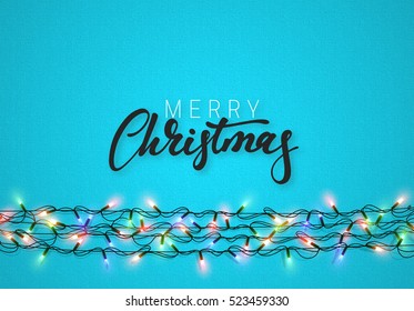 Christmas background with bright realistic garlands. Christmas glowing lights. Xmas Holiday. Greeting cards design lettering label.