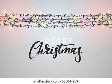 Christmas background with bright realistic garlands. Christmas glowing lights. Xmas Holiday. Greeting cards design 