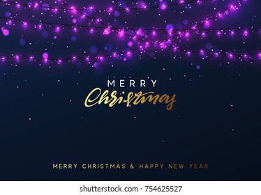 Christmas background with bright realistic garlands. Christmas glowing lights. Xmas Holiday. Greeting cards design