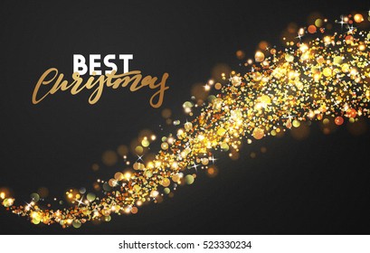 Christmas background with bright realistic glitter confetti of stars. Xmas Holiday glowing lights effect. Greeting cards design Merry Christmas and Happy New Year, lettering label.