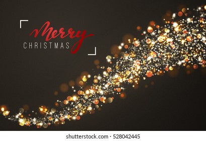 Christmas background with bright realistic glitter confetti of stars. Xmas Holiday glowing lights effect. Greeting cards design Merry Christmas and Happy New Year, lettering label