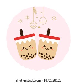 Christmas background with bubble milk tea cup and Christmas elements on pink sign. Cute cartoon character. 