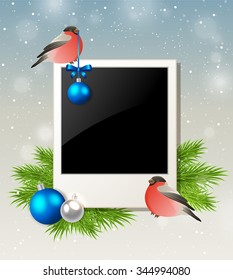 Christmas background with bullfinch, blue decorations and photo