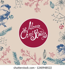 Christmas background, bullfinch, Holi, fir cones, hand drawing vector
