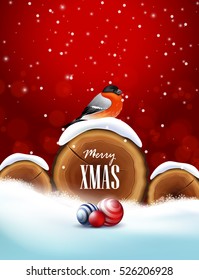 Christmas background with bullfinch, snow and tree trunk rings.