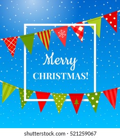 Christmas background with bunting flags and snow. Vector illustration for banners, poster, greeting card and etc. Can be used to New Year, Xmas and other winter holiday or party.