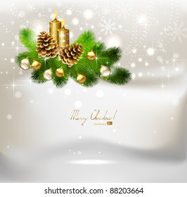 Christmas background with burning candles and Christmas bauble