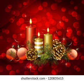 Christmas background with burning candles and pine cones