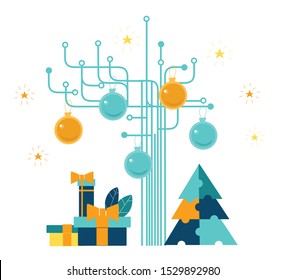 Christmas background. Business background made of Christmas tree made of puzzle pieces, gifts and presents. 