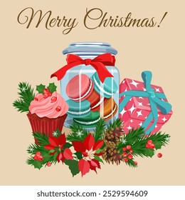 Christmas background with cakes, macaroons and gifts. Winter baking. Christmas card.